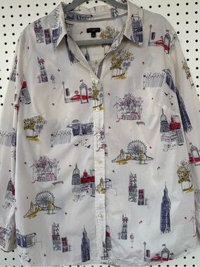 Talbots White Button-Up Shirt with Multicolor London Sketch Print Size 1X
